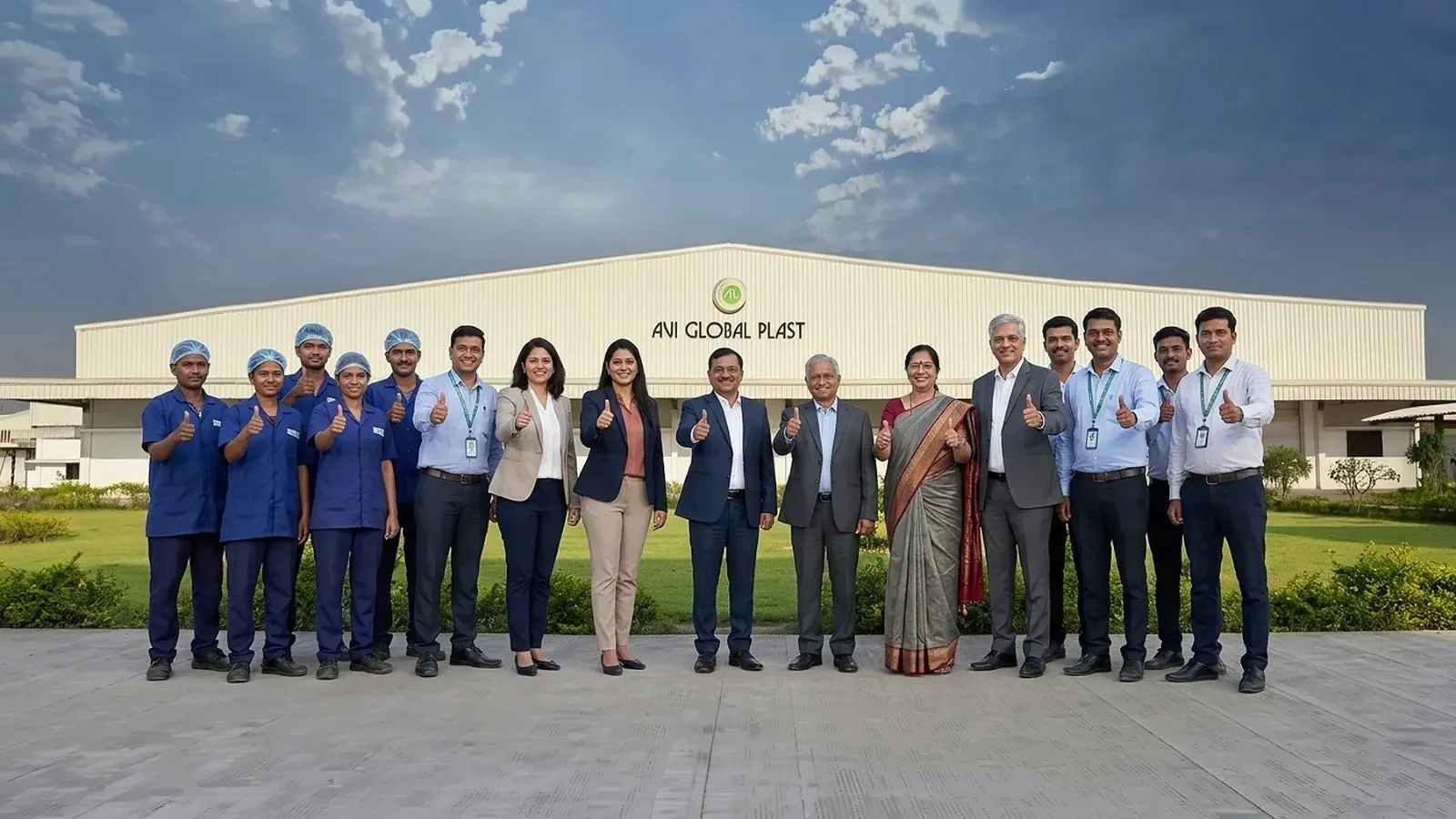 The AVI Global Plast team outside the company's Daman facility