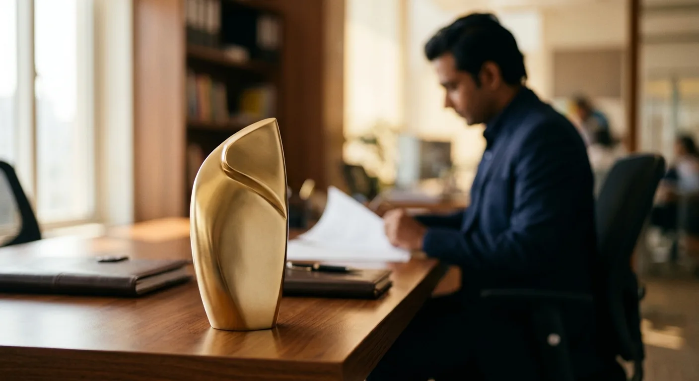 A trophy on a desk symbolising AVI Global Plast's export recognition.