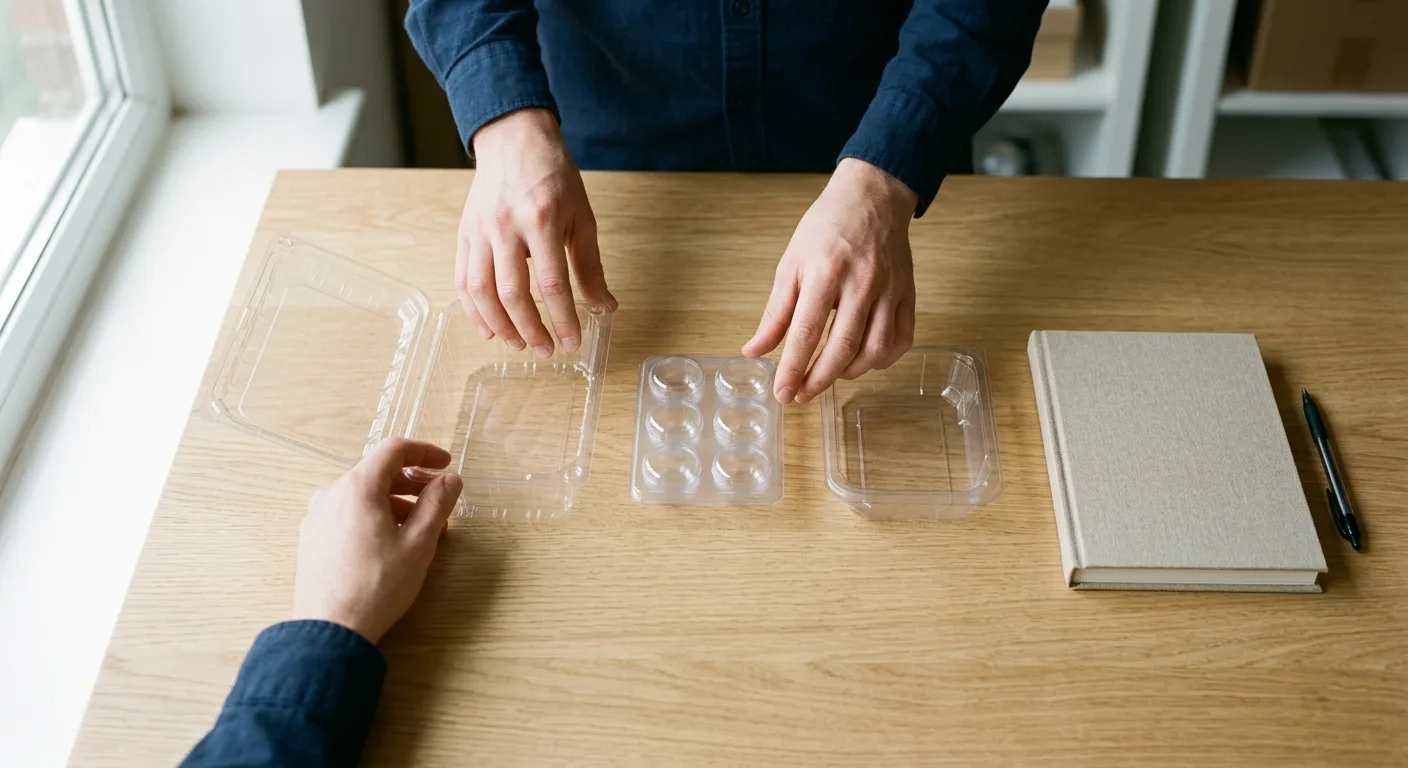 Hands comparing different packaging formats — a punnet, a pharma tray, and a clamshell tray — on a desk.