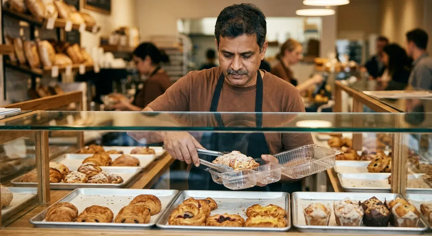 A baker at a display case packing pastries into a clear AVI clamshell container