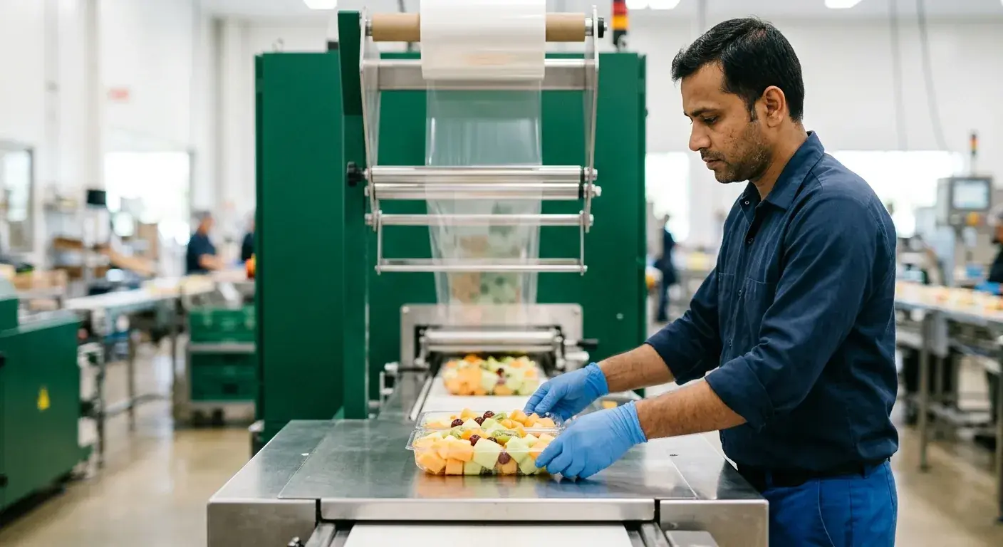 A gloved worker placing a fresh-cut fruit tray on a flow-wrap sealing line