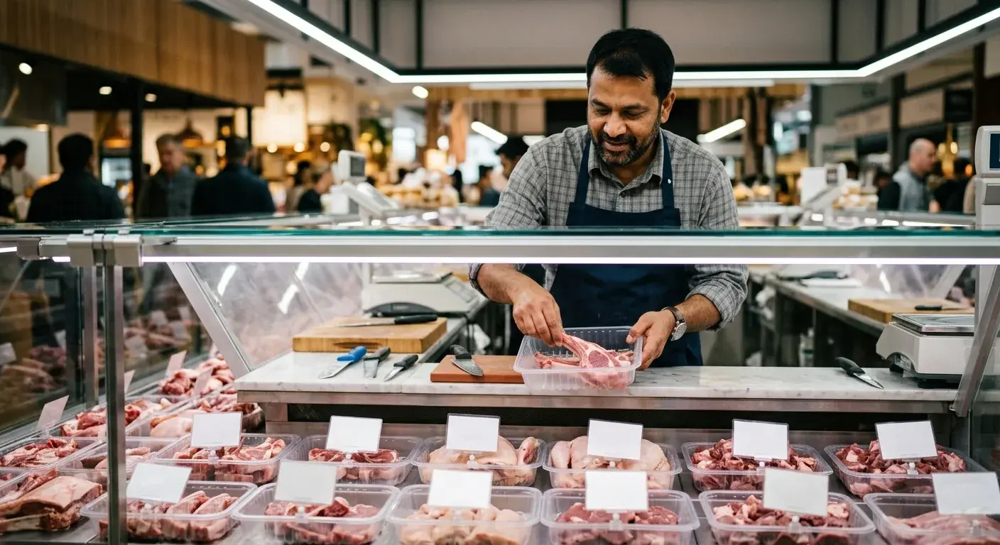 A butcher preparing a cut of meat into a clear AVI tray at a retail display case