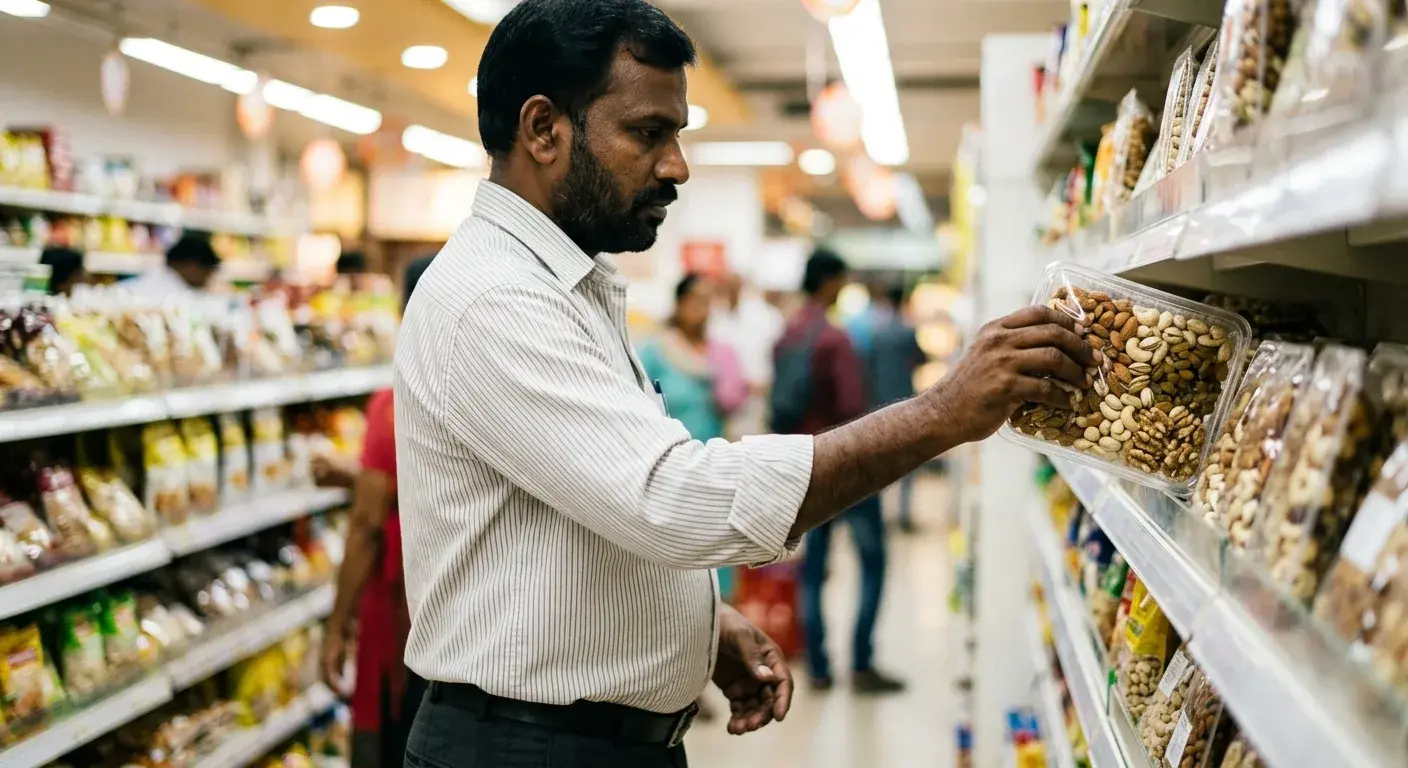 A shopper picking a packaged tray of dry fruits and nuts off a retail shelf