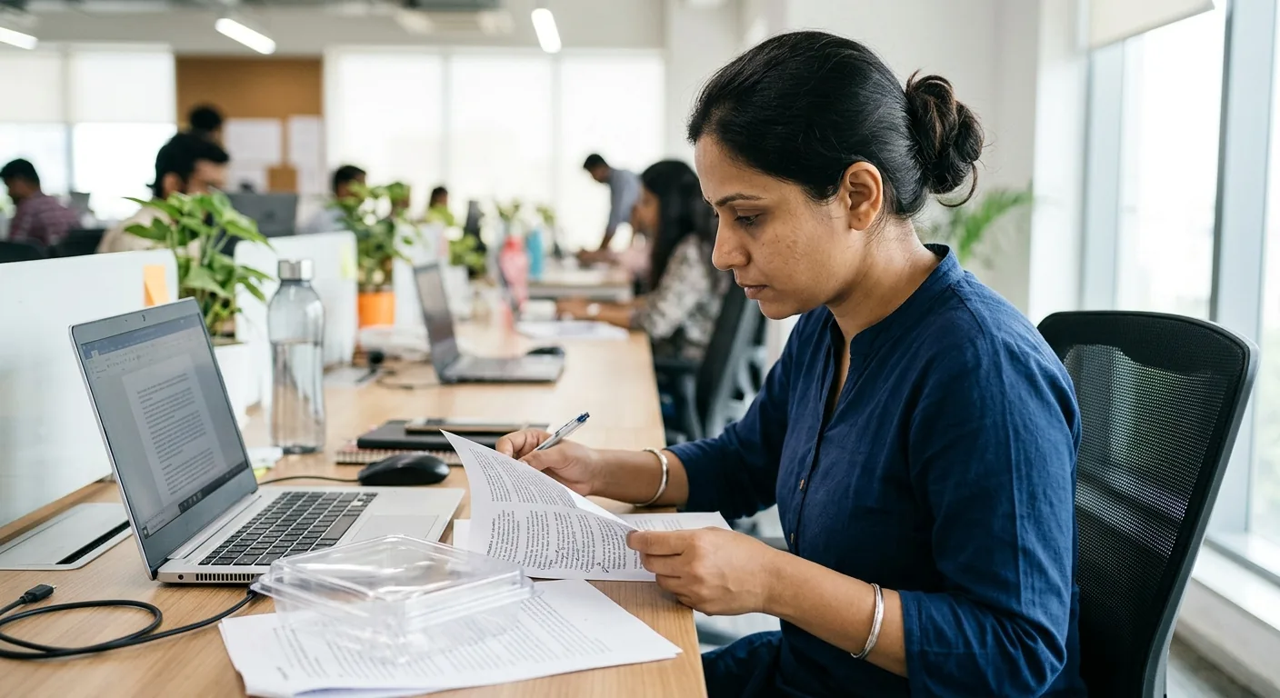 A person at an office desk reviewing a printed document alongside an open laptop