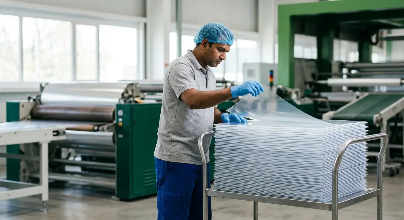 Sheet, machinery and an AVI operator on the production line.