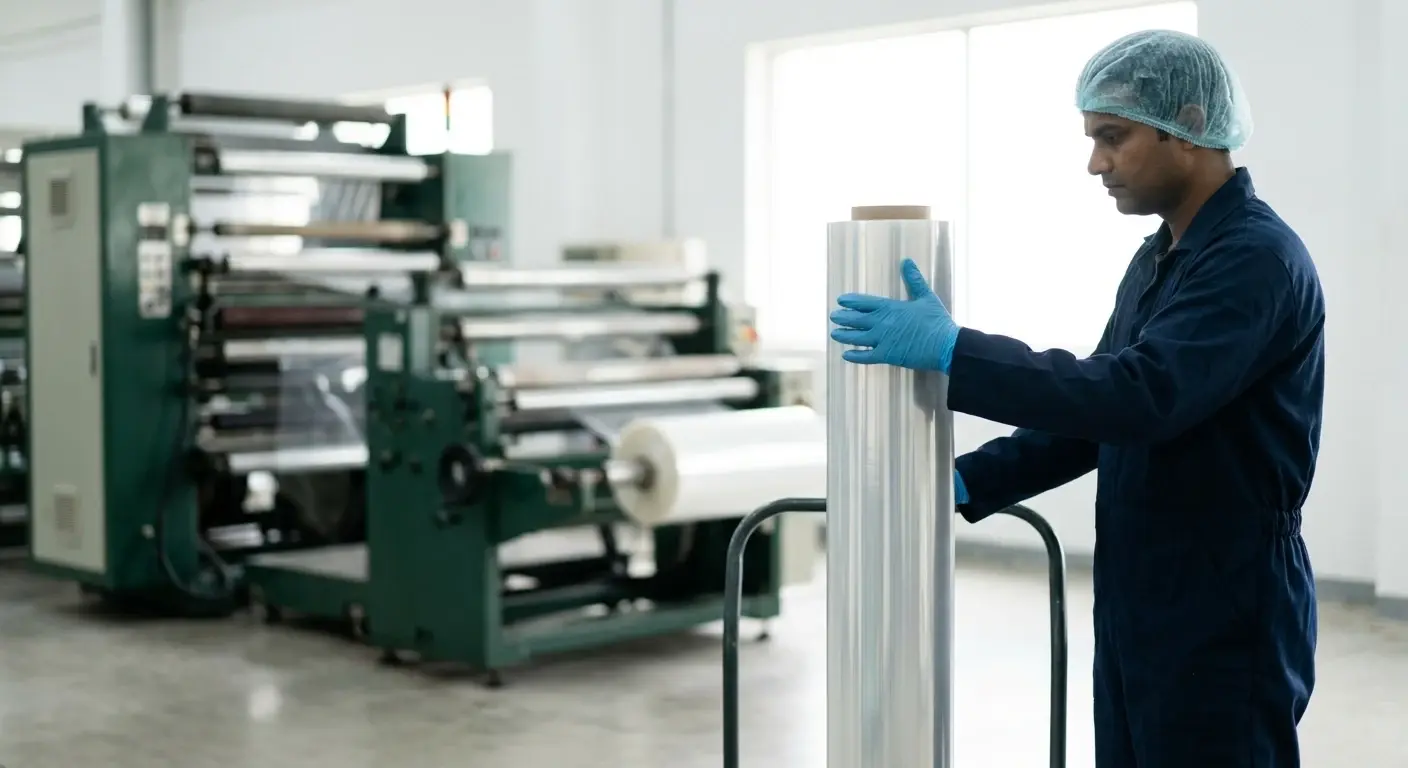 Sheet, machinery and an AVI operator on the production line.