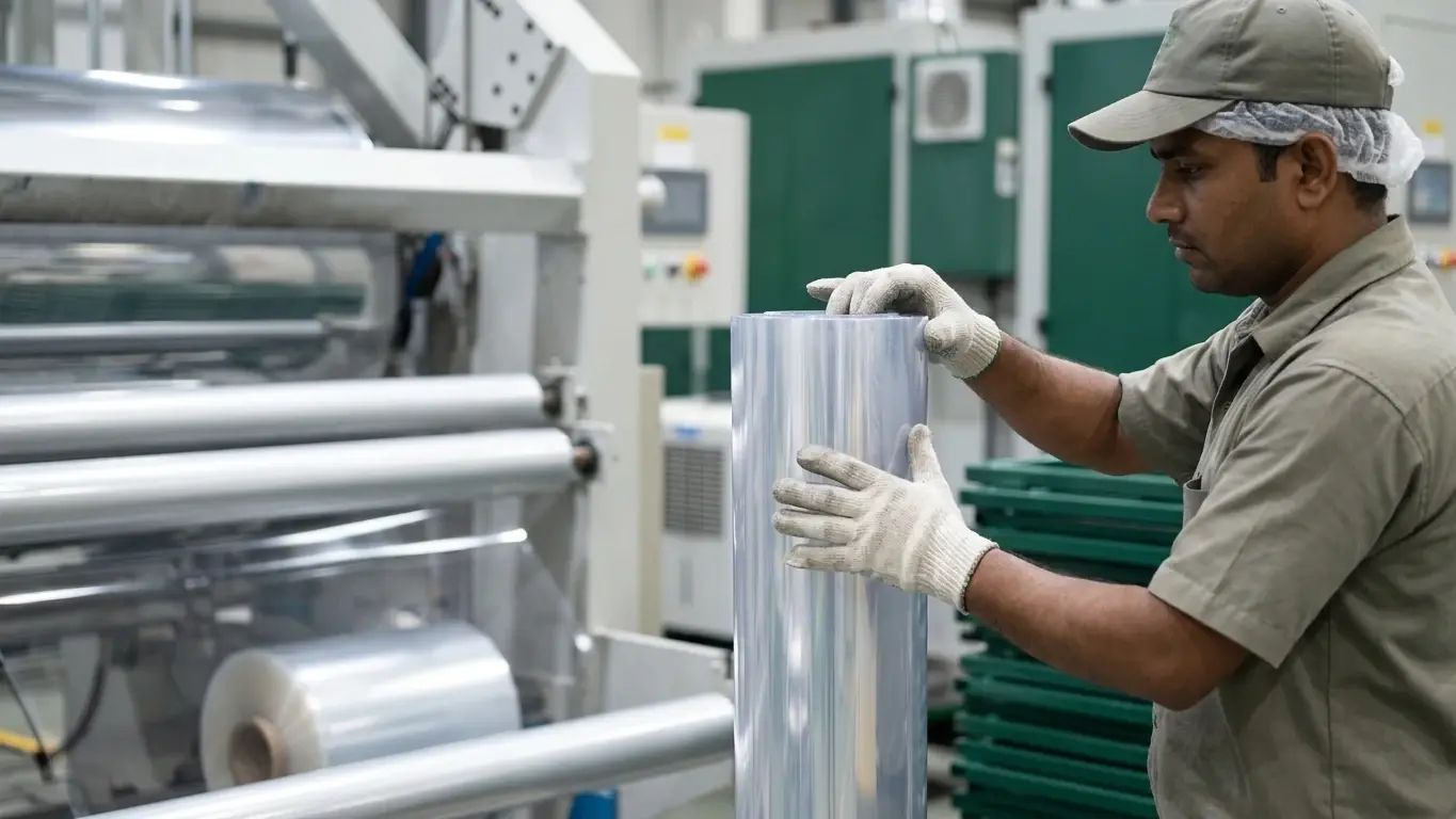 Sheet, machinery and an AVI operator on the production line.