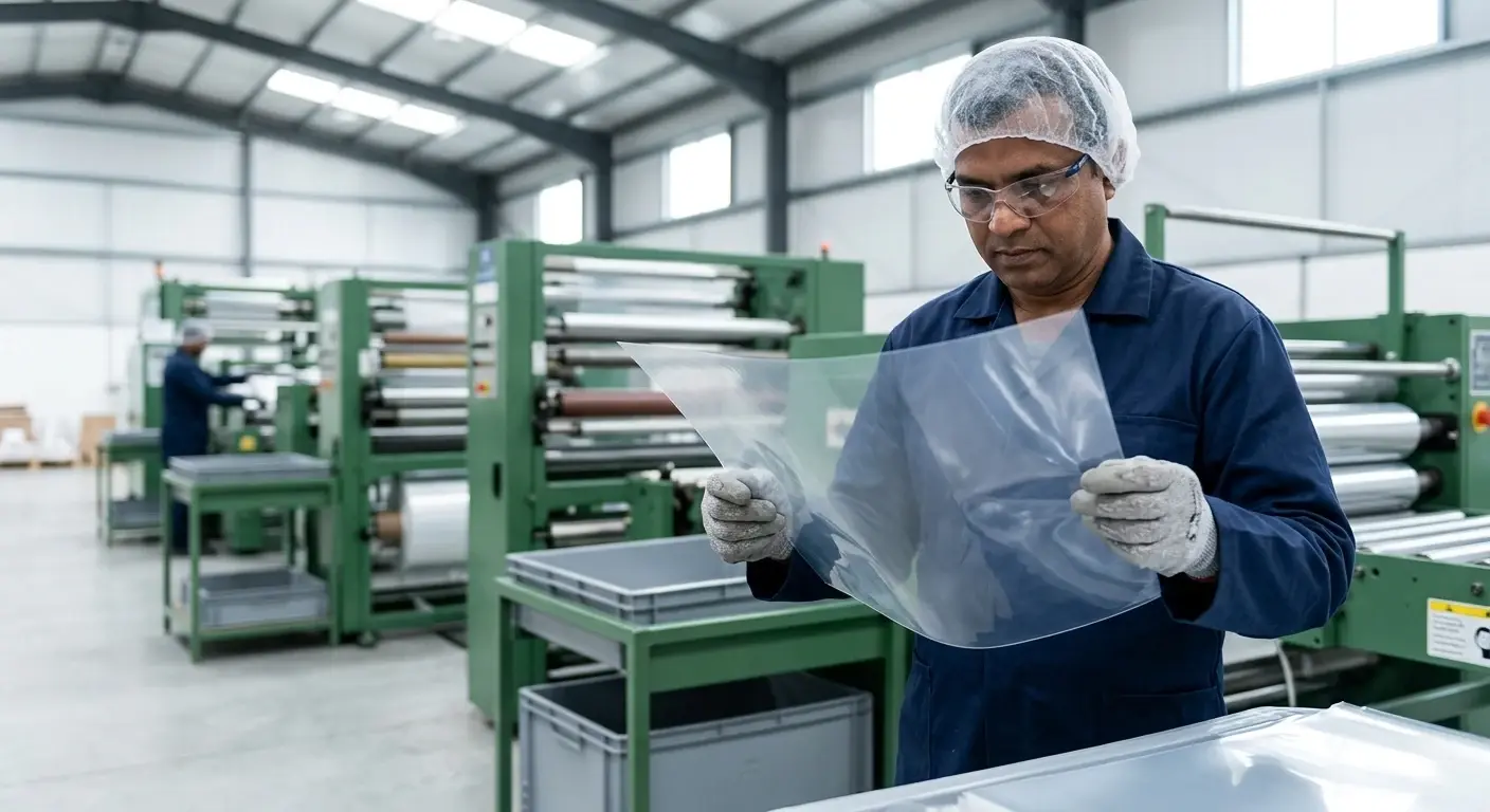 Sheet, machinery and an AVI operator on the production line.