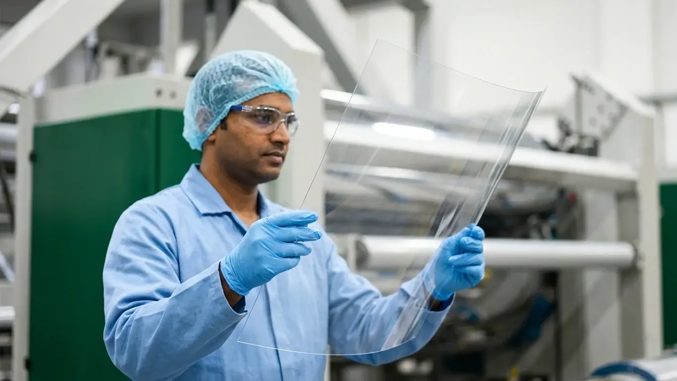Sheet, machinery and an AVI operator on the production line.