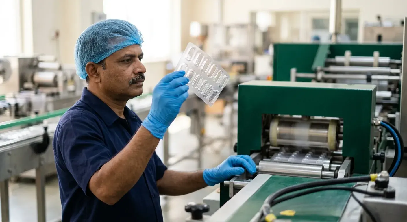 Sheet, machinery and an AVI operator on the production line.