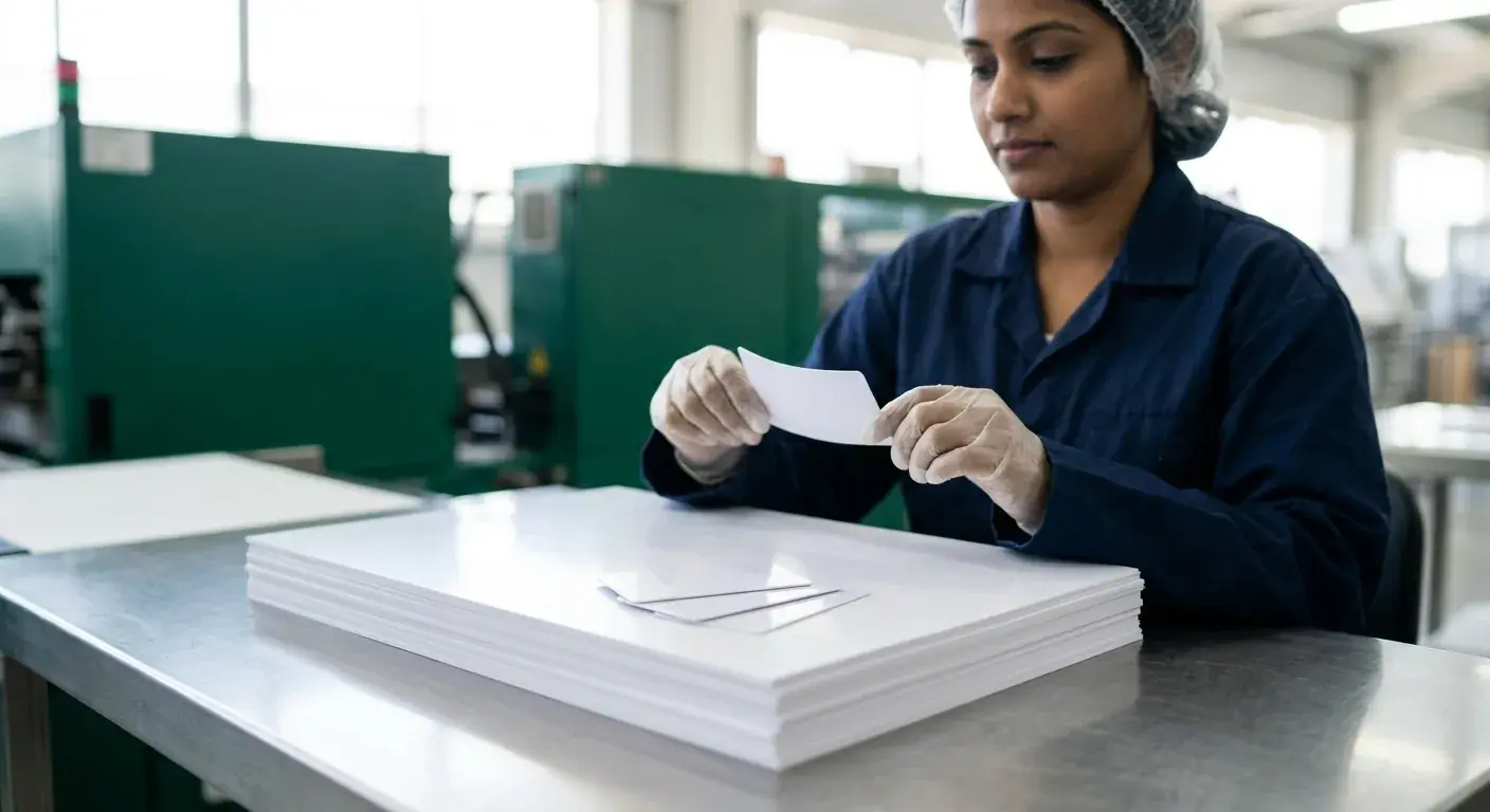 Sheet, machinery and an AVI operator on the production line.