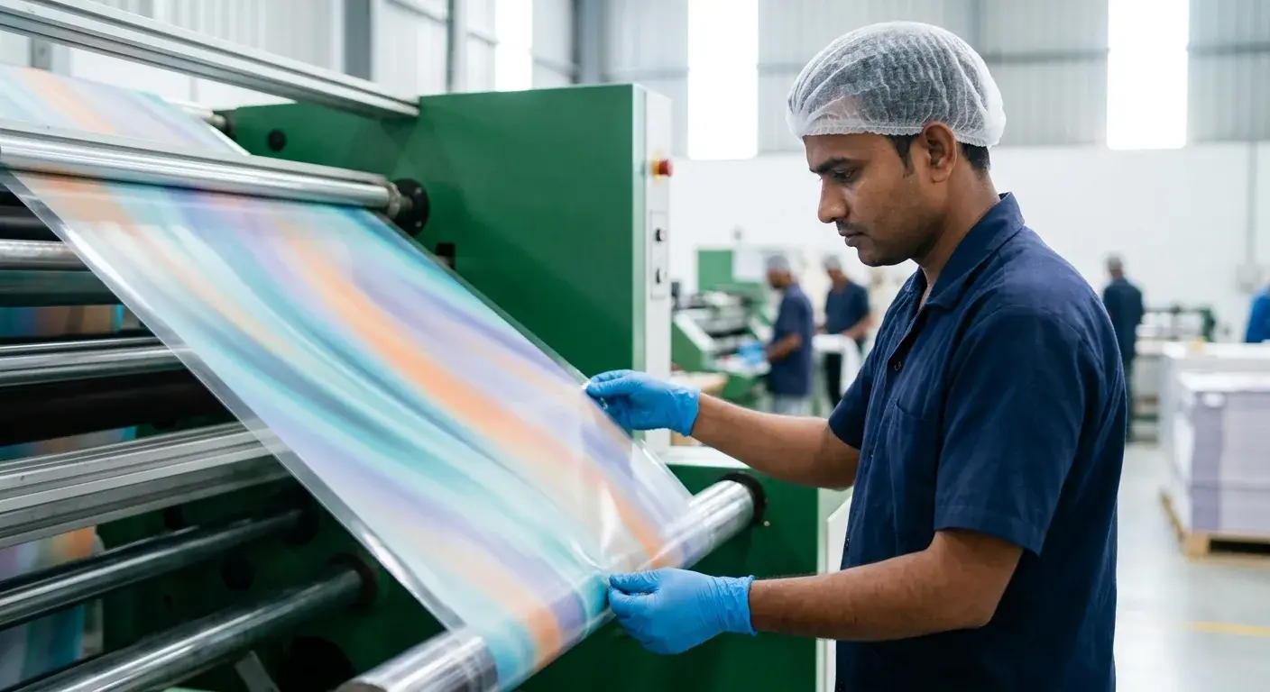 Sheet, machinery and an AVI operator on the production line.