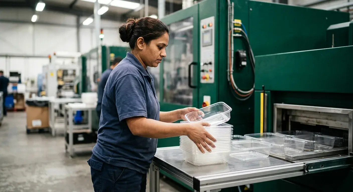 Sheet, machinery and an AVI operator forming food-to-go containers.