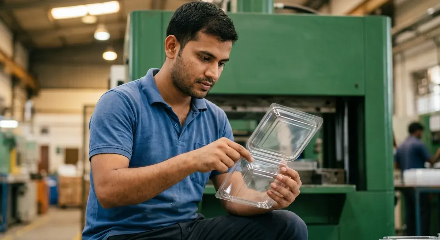 Sheet, machinery and an AVI operator forming hinged-lid containers.