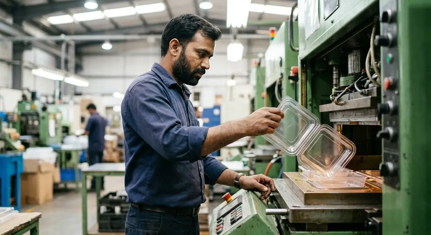 Sheet, machinery and an AVI operator forming clamshells.