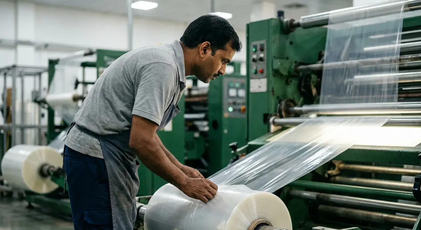 Sheet, machinery and an AVI operator forming flowpacks.