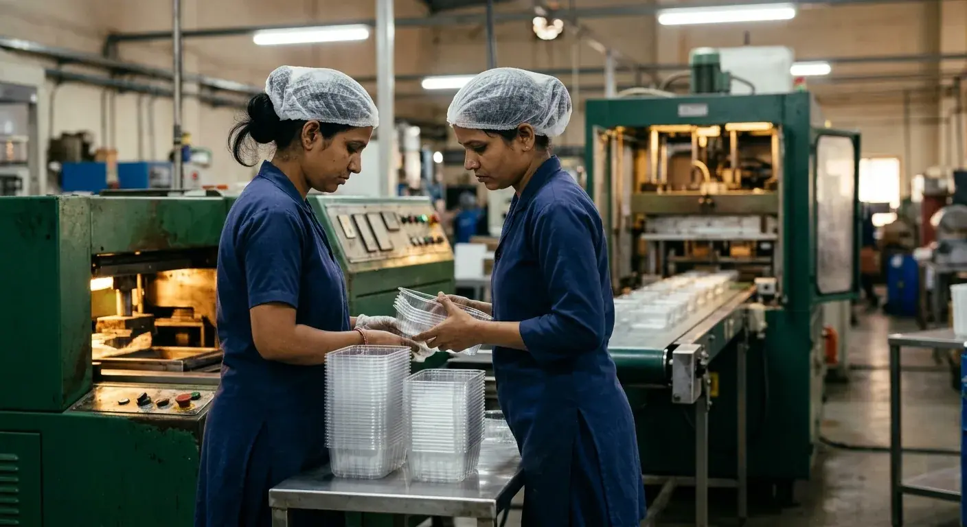 Sheet, machinery and an AVI operator forming heat-seal punnets.