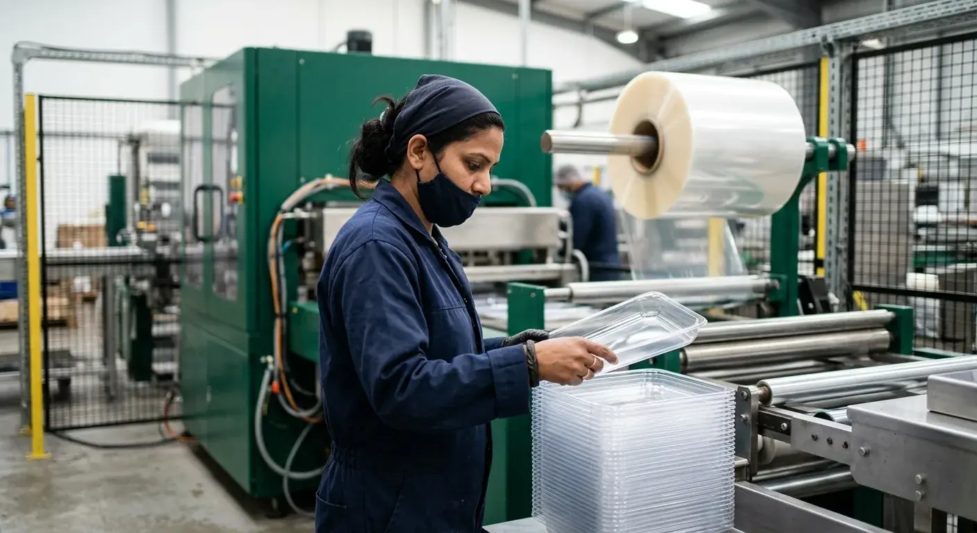 Sheet, machinery and an AVI operator forming MAP trays.