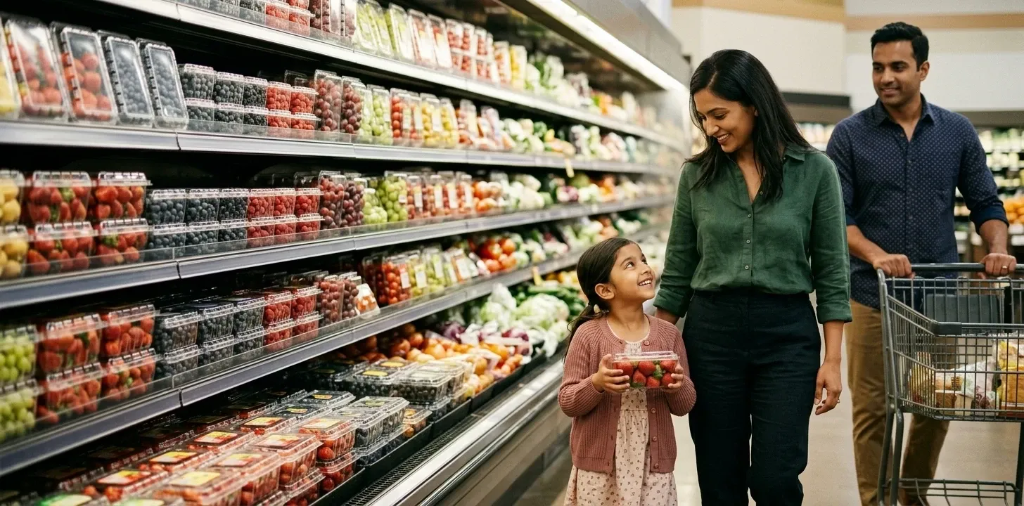A family selecting AVI-packed berries and grapes from a retail produce aisle.