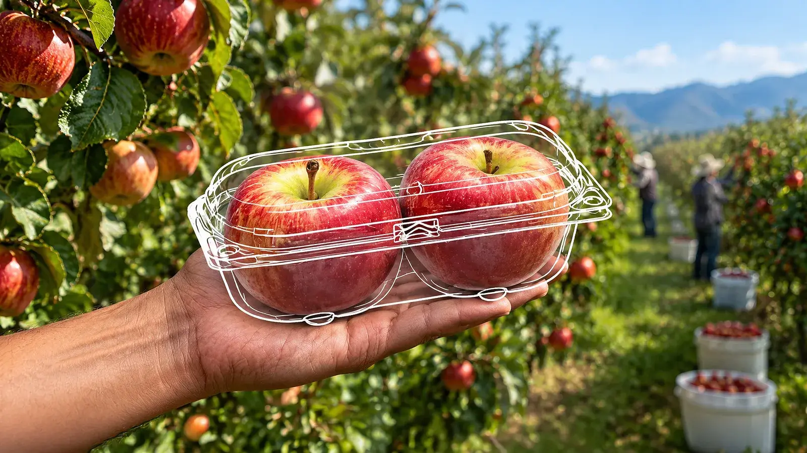 Apples in an AVI pack, hand-held in an apple orchard.