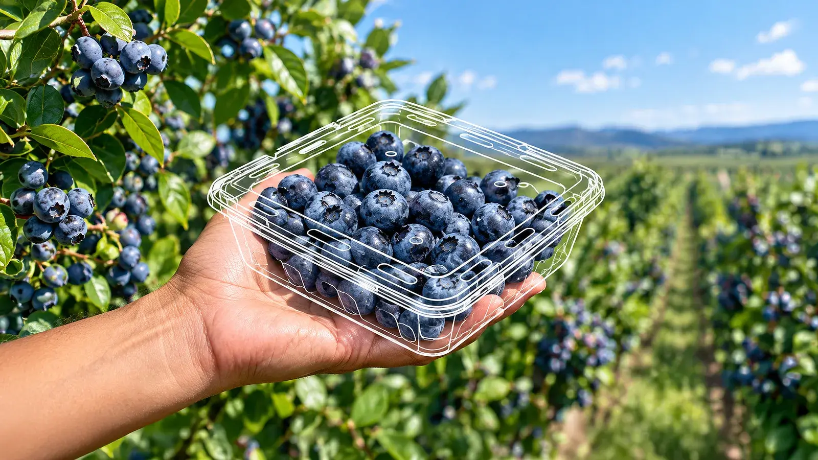 Blueberries in an AVI clamshell punnet, hand-held among blueberry bushes.
