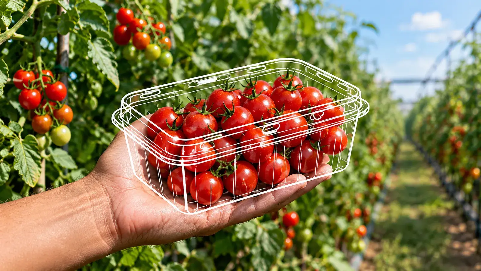 Cherry tomatoes and mixed vegetables in an AVI punnet, hand-held on a farm.