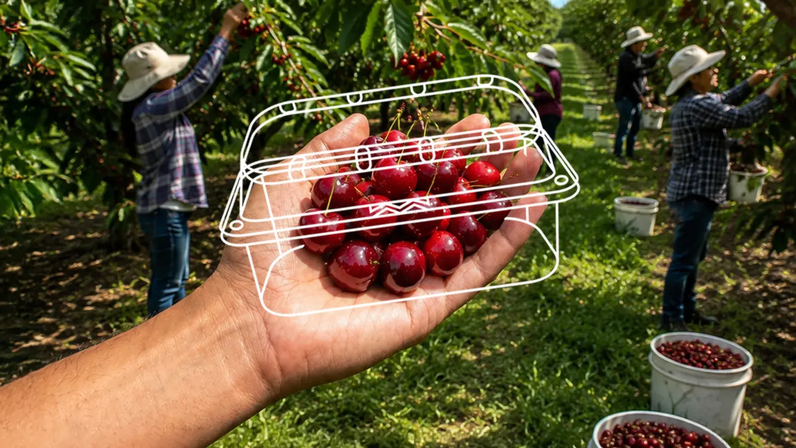 Cherries in an AVI clamshell pack, hand-held in a cherry orchard with pickers in the background.