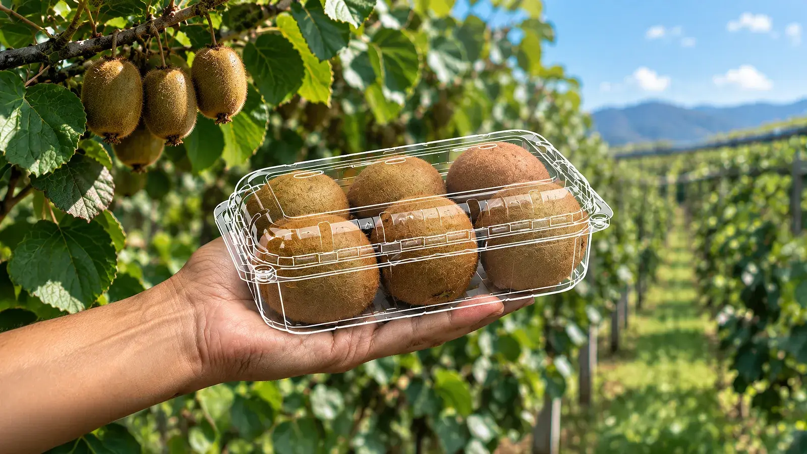 Kiwifruit in an AVI pack, hand-held in an orchard.
