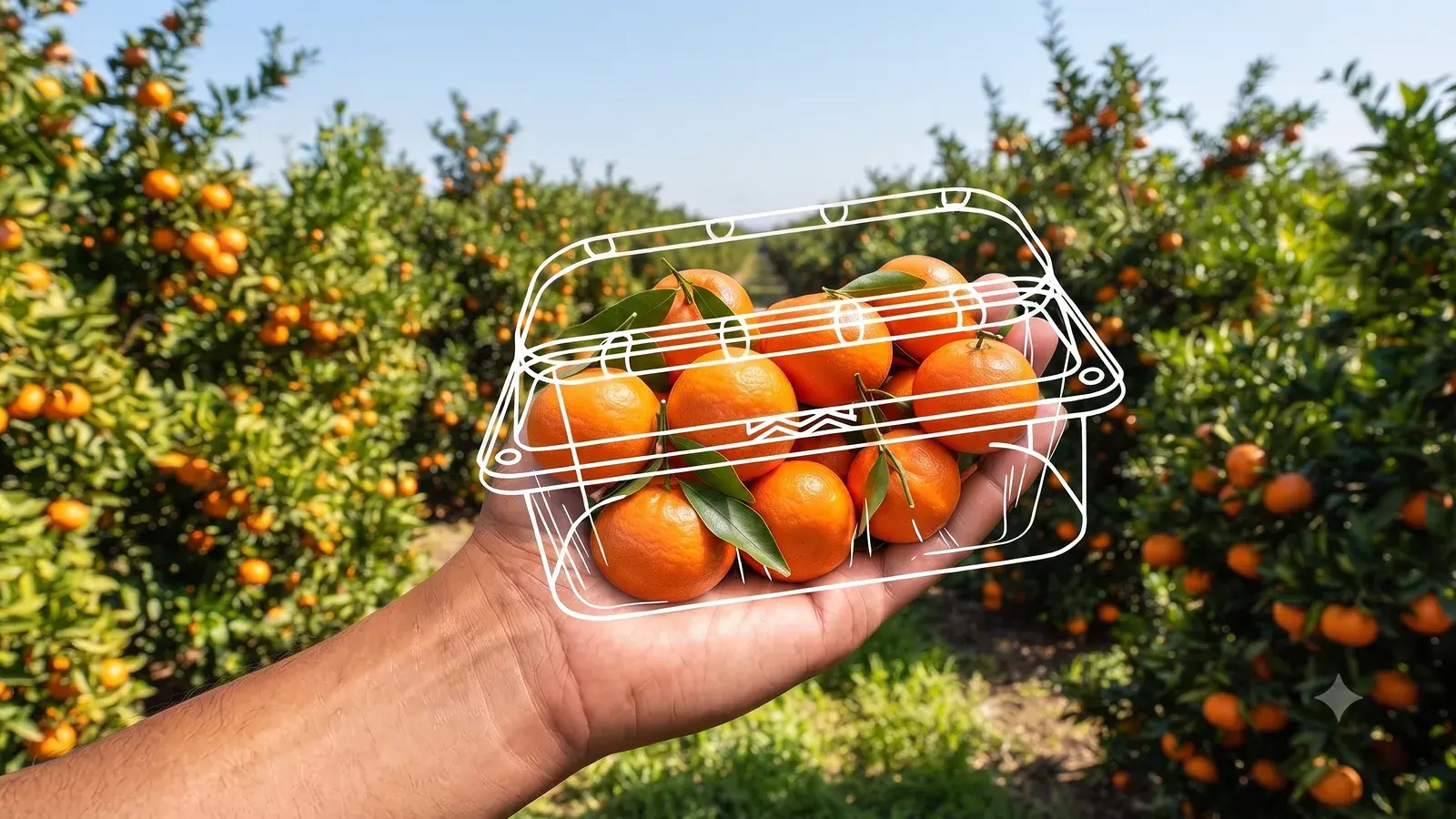 Mixed fresh fruit in an AVI pack, hand-held on a farm.