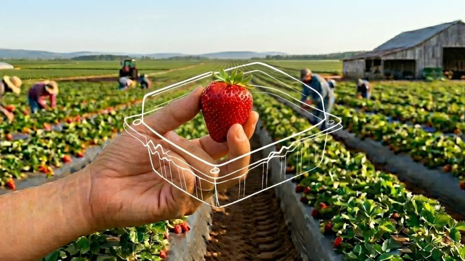 Strawberries in an AVI clamshell pack, hand-held in a strawberry field.