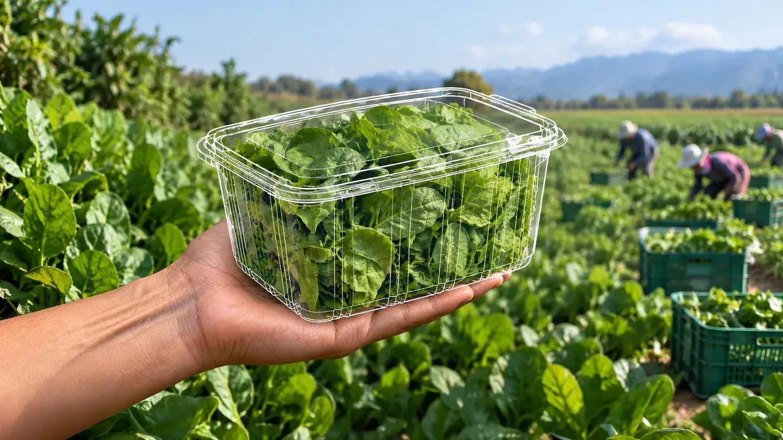 Tomatoes, peppers, carrots and leafy greens in an AVI punnet, hand-held on a vegetable farm.