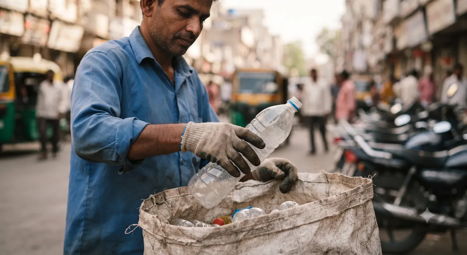 A waste worker collecting disposed plastic bottles from an urban street