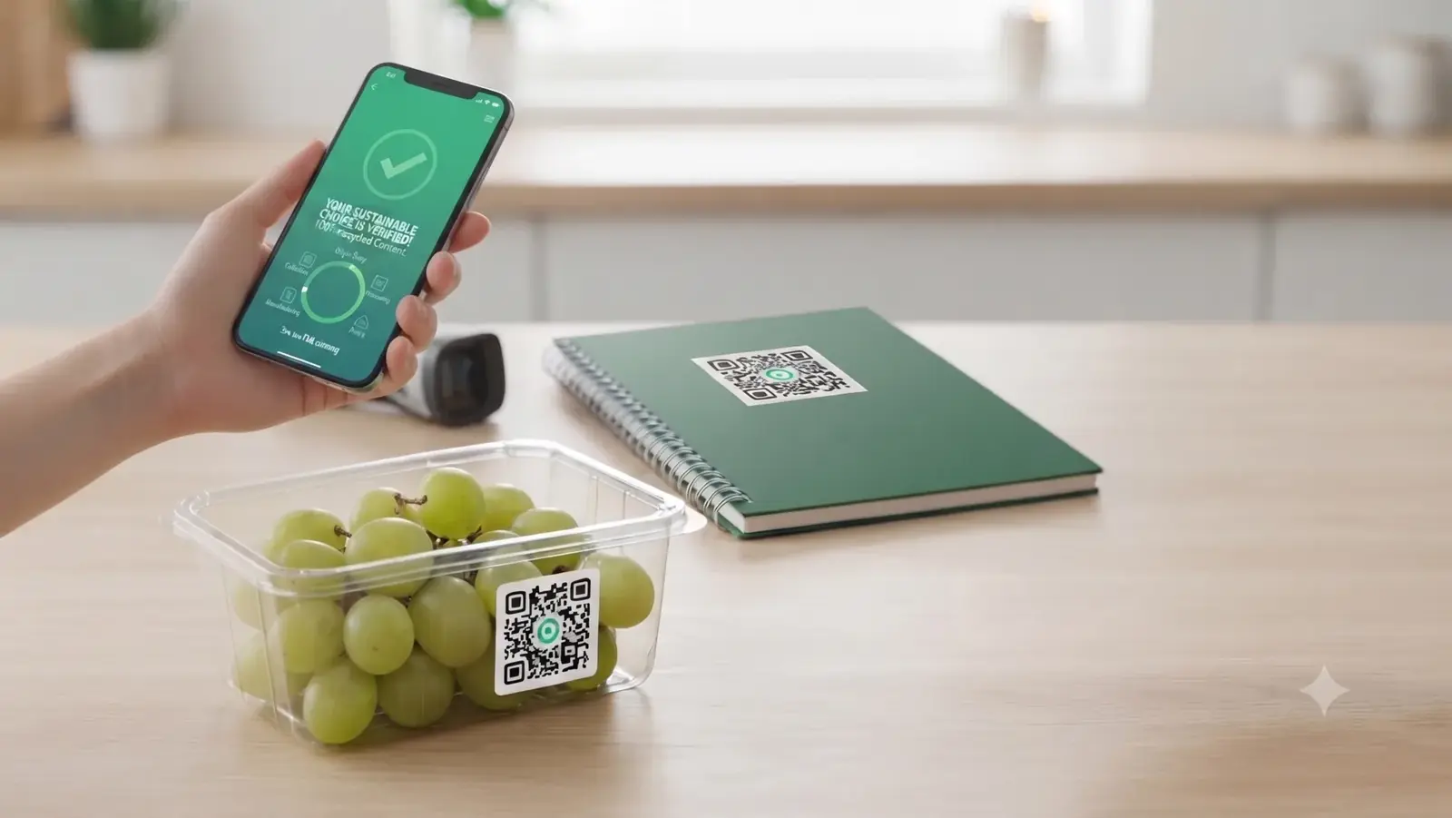 Scanning a QR code on a recycled-content punnet to verify its origin