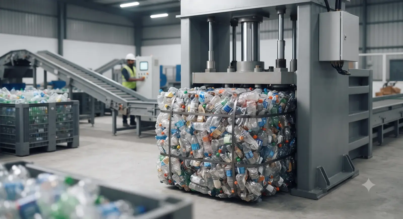 PET bottles baled and compressed at the sorting facility