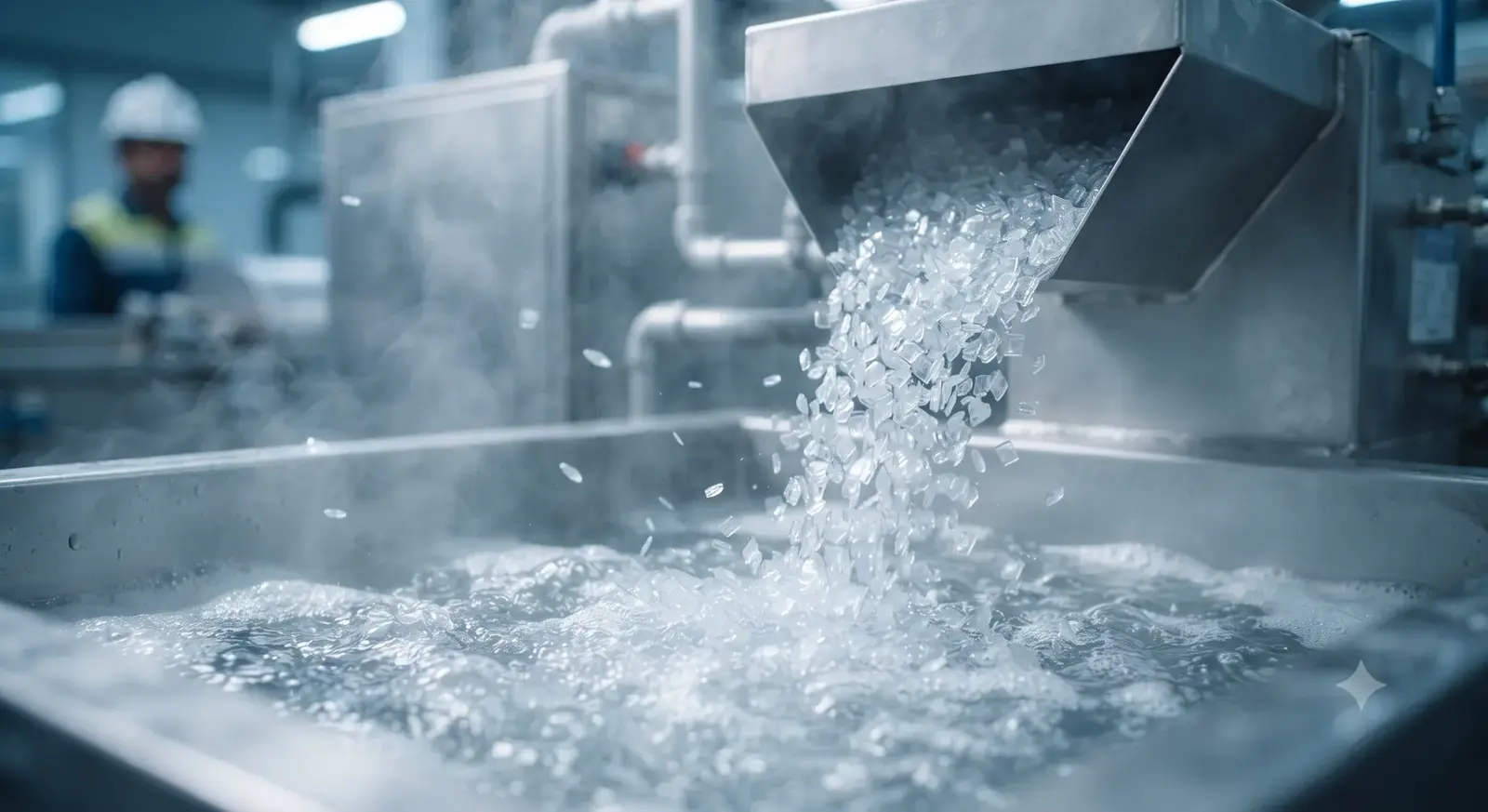 Washed PET flakes dropping into a hot-wash bath