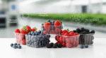 Multiple clear punnets of fresh berries with overlaid text and circular design elements illustrating "Upstream Innovation" and "Circular Success."