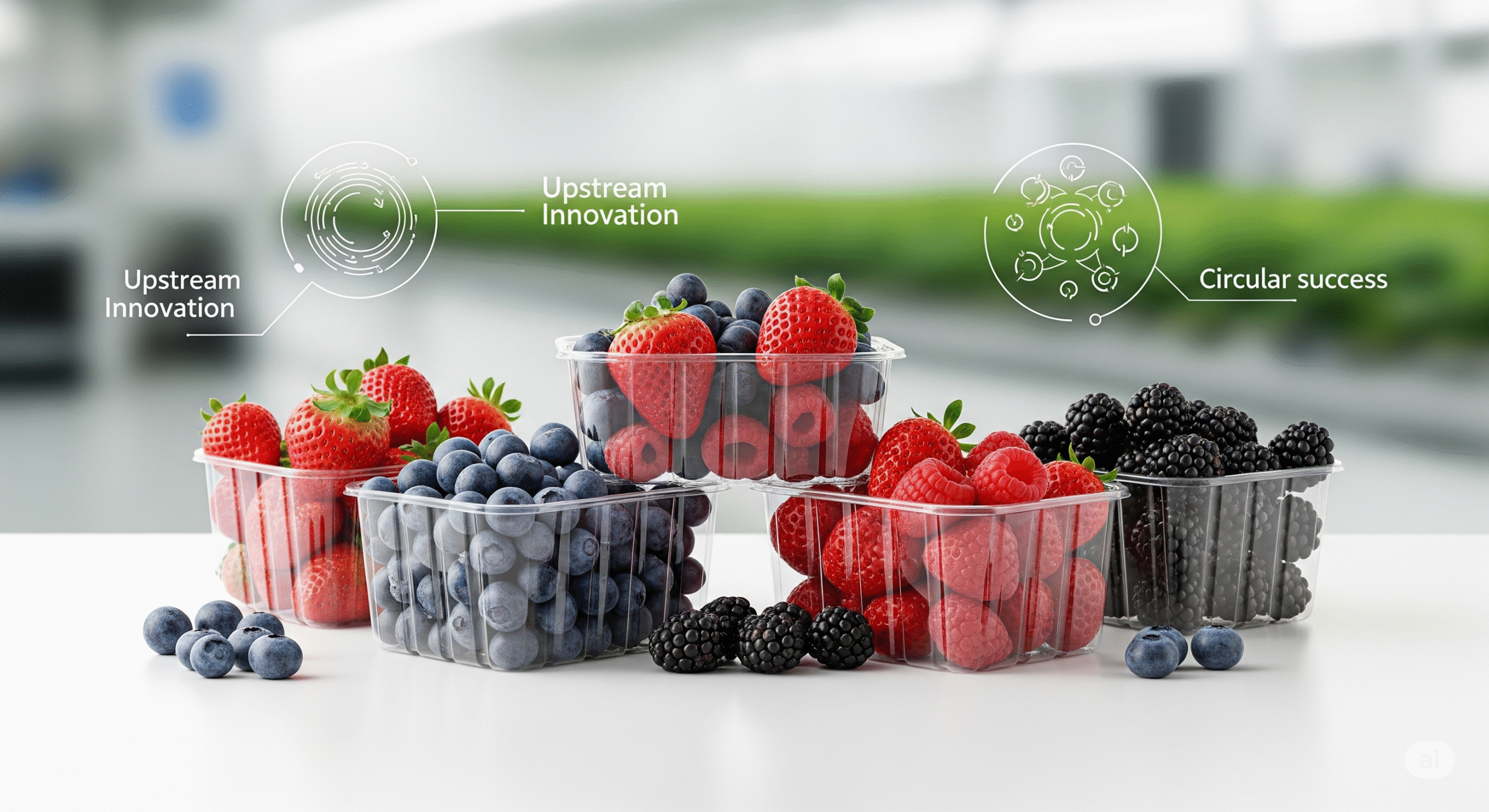 Multiple clear punnets of fresh berries with overlaid text and circular design elements illustrating "Upstream Innovation" and "Circular Success."