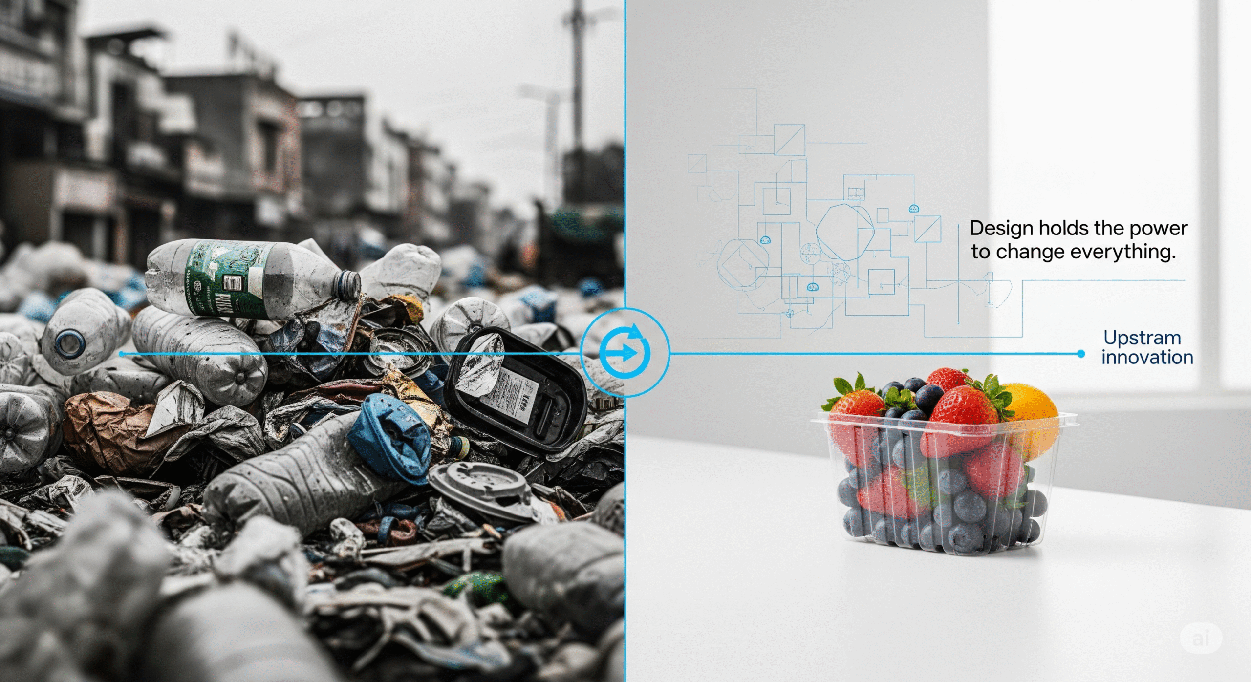 Split screen: desaturated plastic waste on the left, clean rPET fruit punnet with design overlay on the right.
