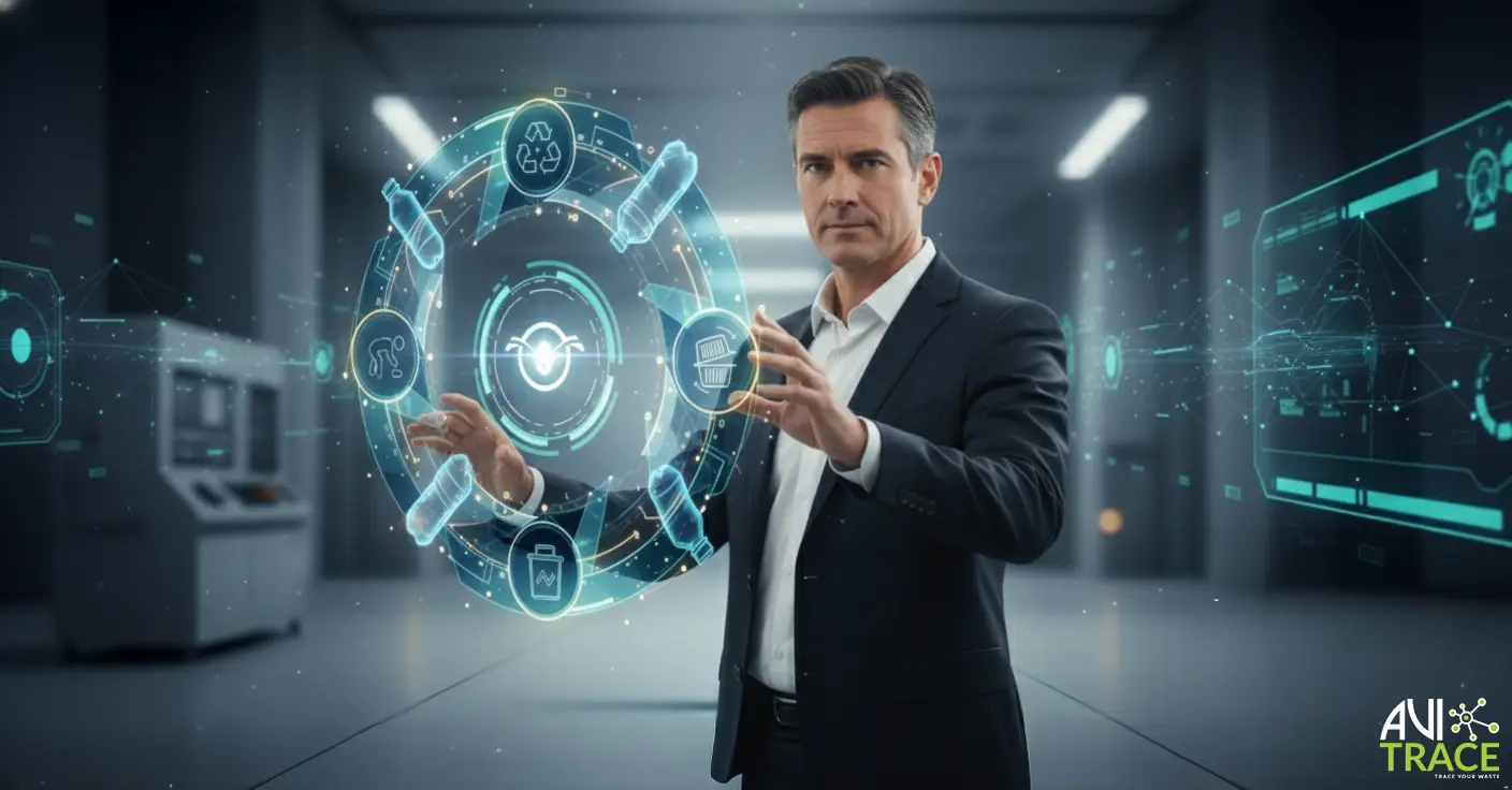 A business professional interacting with a digital interface showing rPET traceability, recycling icons, and AVI Trace technology