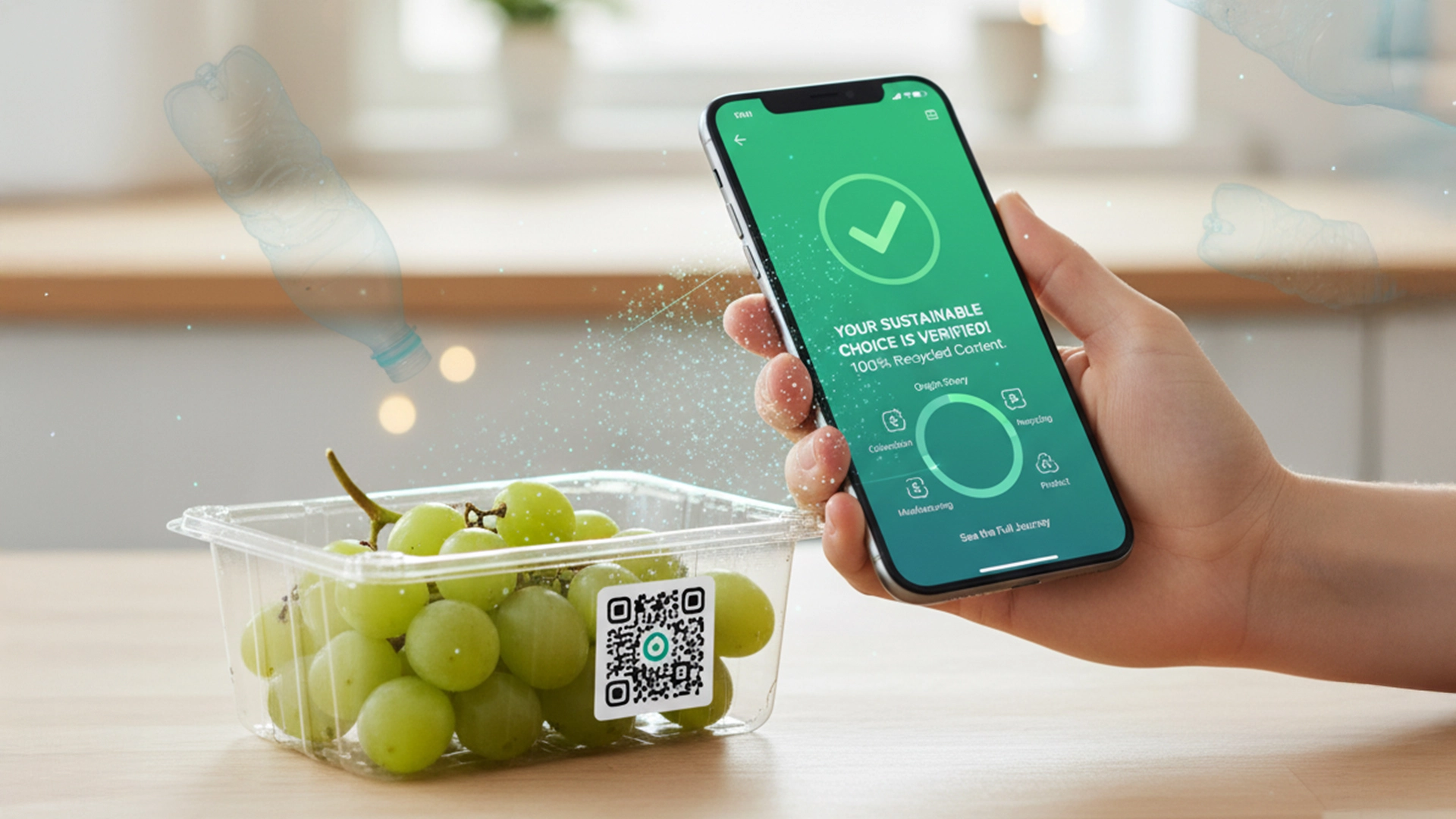 A consumer scanning a QR code on an rPET punnet to view verified recycled-content information through AVI Trace.