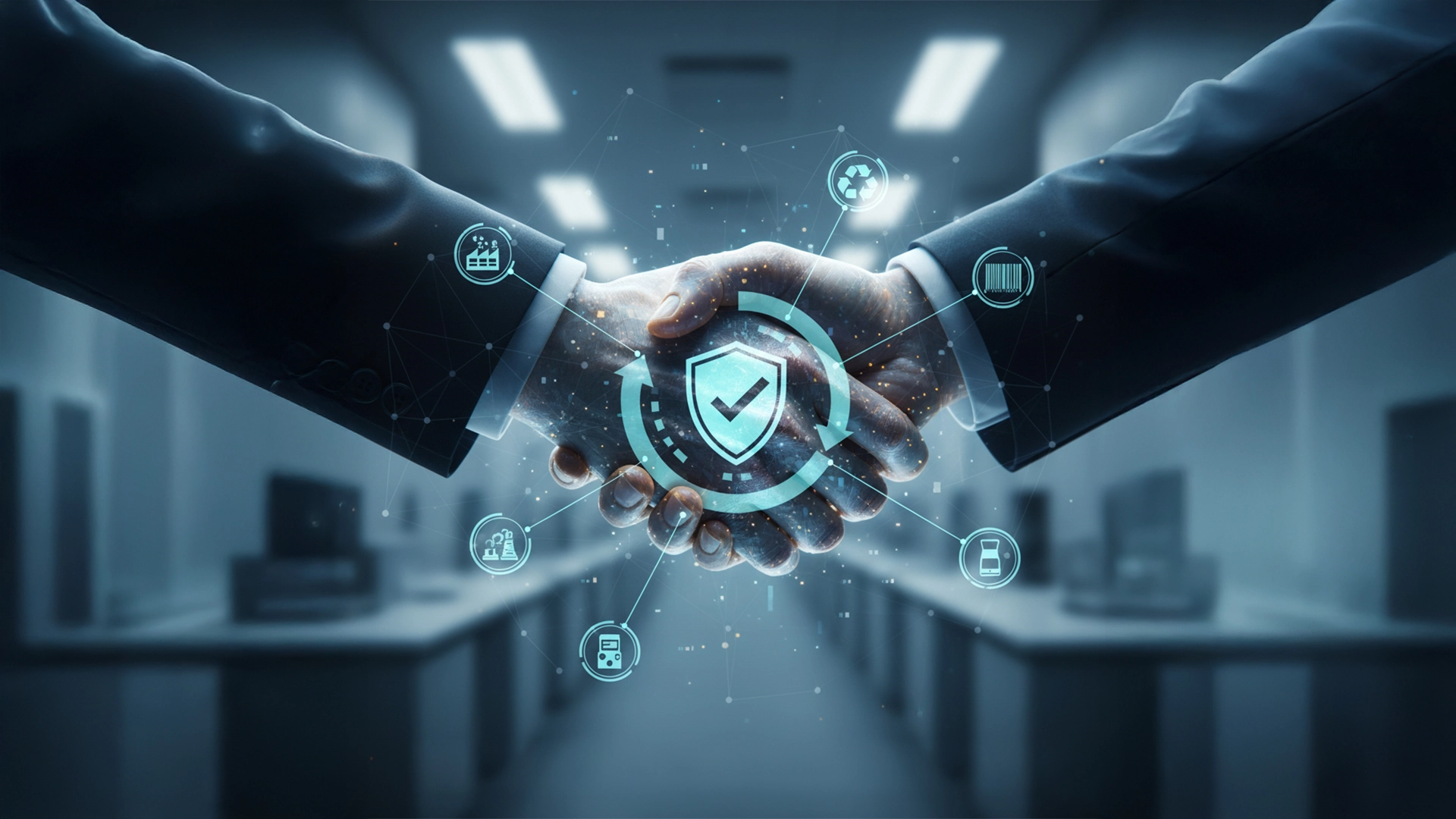 A handshake symbolizing trust and compliance in rPET packaging traceability with digital audit icons.