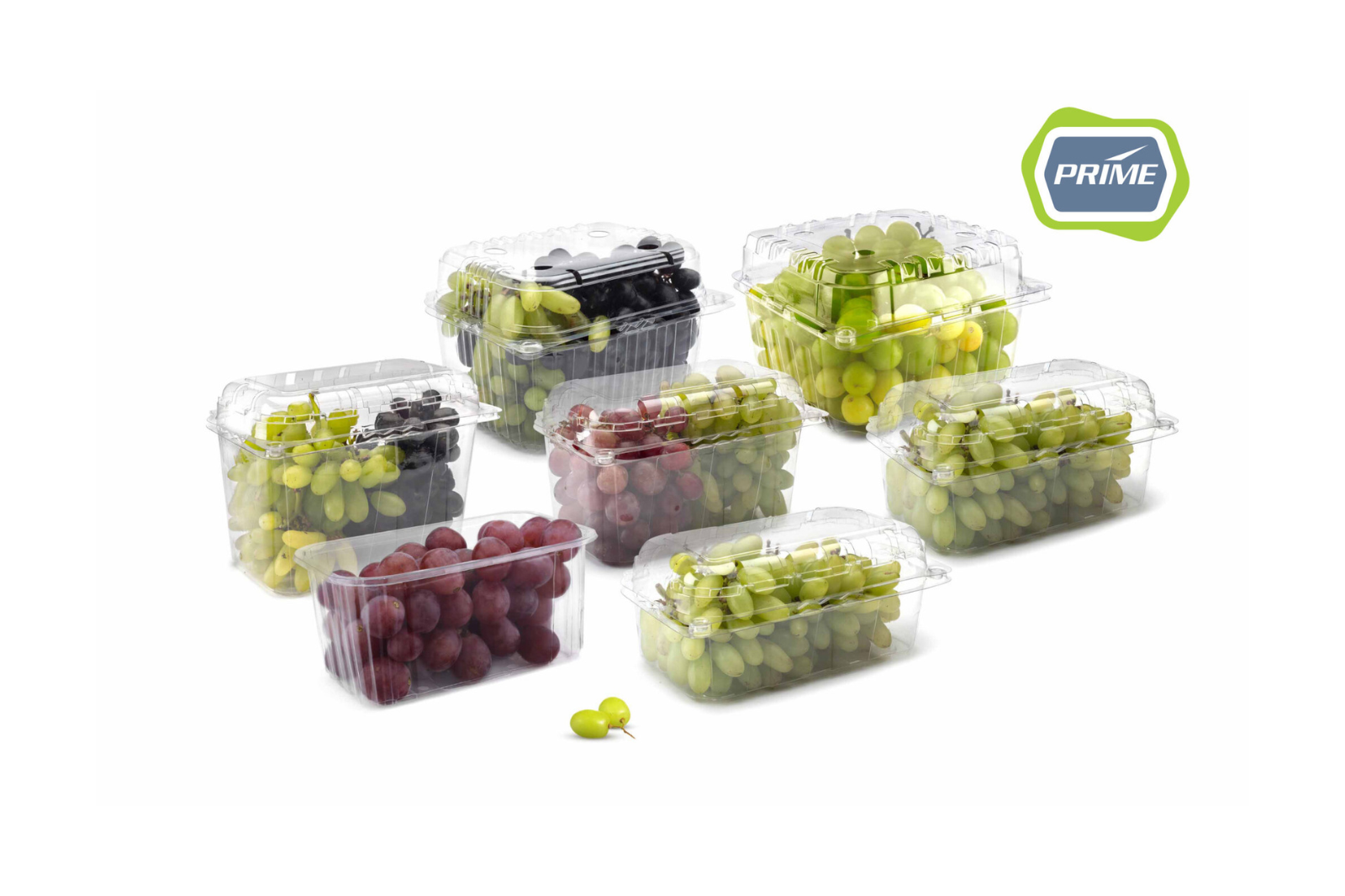 Clear rPET grape clamshell punnets from AVI Global Plast showcasing thermoformed packaging for fresh produce